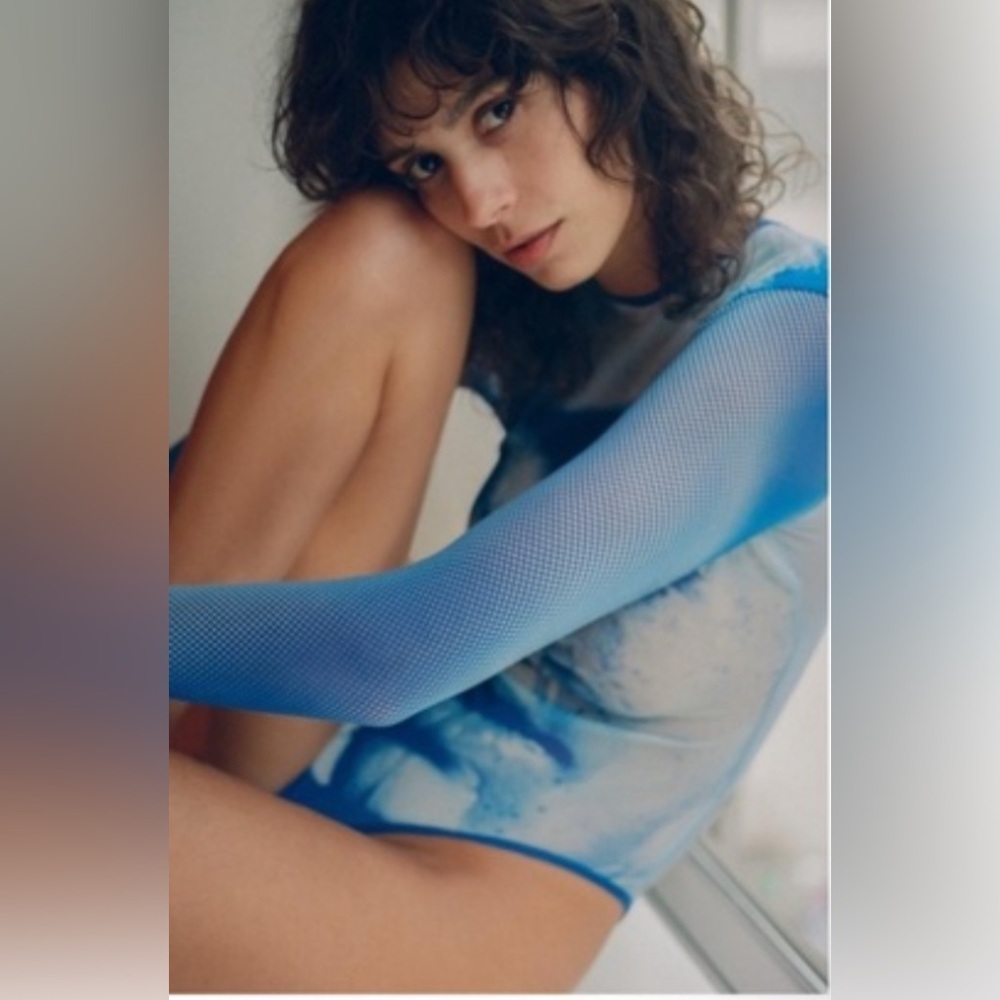 Zara Blue Sheer Mesh Long Sleeve Top Bodysuit
